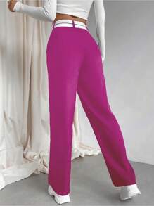 SHEIN Unity Women's Contrast Waist Straight Leg Suit Pants - Rose Red - View 2
