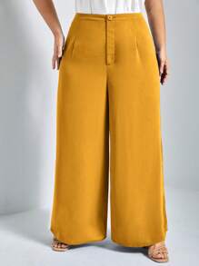 SHEIN Essnce Plus Size Solid Color Wide Leg Casual Pants - Yellow - View 3