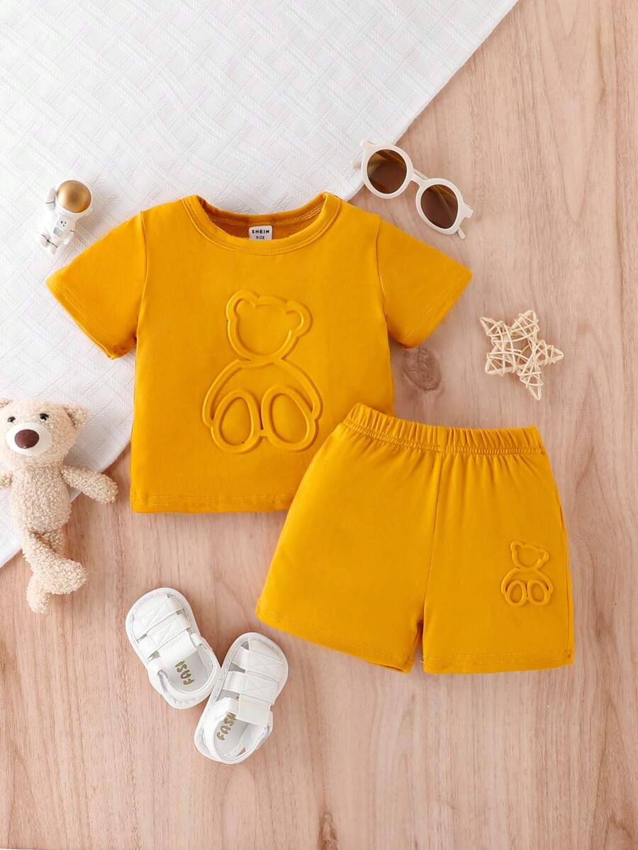Baby Boy's Bear Embossed Short Sleeve T-Shirt And Shorts Set - Orange - View 1