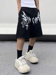 Manfinity EMRG 男款字母與十字印花牛仔短褲 - 黑色 - 查看 7