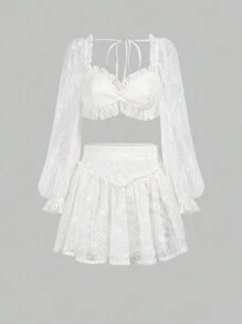 Enchnt Kurz Geschnittenes Damen-set Aus Oberteil Und Rock Mit Rüschenbesatz