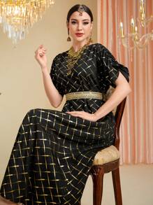 Divindia 金色格紋花紋長/短袖中長裙