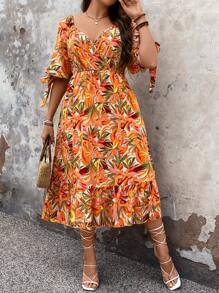 SHEIN Clasi 大码女式植物印花束腰连衣裙 - 彩色 - 查看 5