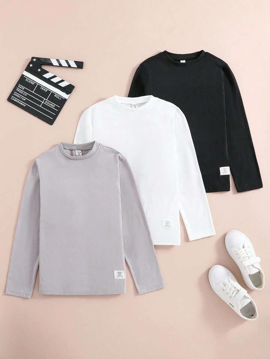 SHEIN 3pcs/Set Tween Boy's Casual Basic Alphabet Patch Design Multicolor T-Shirts, For Layering, School, Campus, College Chic Outfits For Autumn/Winter - Grey - View 1