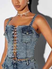 SHEIN BAE Square Neck Tie Detail Washed Blue Denim Bustier&Denim Corset&Summer Tank Tops