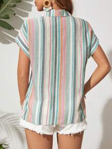 EMERY ROSE 條紋鈕扣前扣夏季女士襯衫,帶補丁口袋