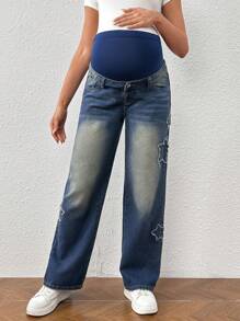 SHEIN Maternity Star Patch Belly Support Denim Jeans - Dark Wash - View 3