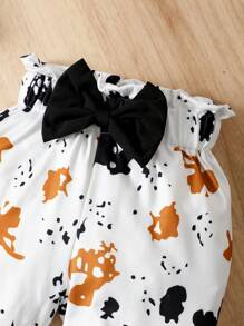 Baby Slogan Graphic Ruffle Trim Bodysuit & Graphic Print Bow Trousers - Black and White - View 4