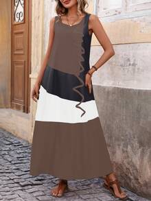 EMERY ROSE Color Block Sleeveless A-Line Dress With Hidden Pockets - Mocha Brown - View 5
