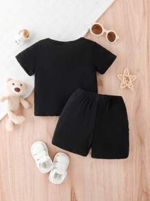 小男孩熊圖案压花短袖t恤和短褲套裝 - 黑色 - 查看 2