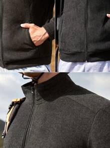 SHEIN In My Nature 男士拉链户外抓绒外套，带帽拉链抓绒夹克，加厚休闲百搭针织外套，适合运动和户外活动，男友风，男士冬季穿搭，男士外套，优质面料，专为户外活动设计，男士必备外套，圣诞礼物，万圣节礼物，秋冬季 - 黑色 - 查看 7