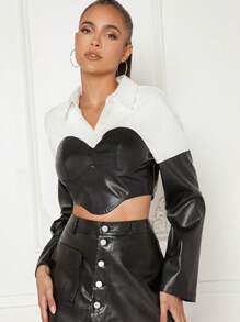 Denimoi Two Tone Hanky Hem Contrast PU Leather Crop Blouse