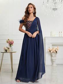 Sequin & Faux Fur Splice Cape Sleeve Chiffon Party Dress - Navy Blue - View 5