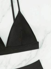 SHEIN Swim Bộ bikini dây chéo lưng có gân cho nữ, Bộ bikini Bộ đồ tắm Trang phục đi biển Kỳ nghỉ hè Bãi biển mùa hè - màu đen - Xem 5