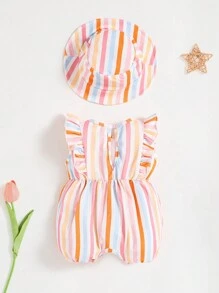 SHEIN Baby Girls' Striped Ruffled Sleeveless Romper And Hat, 2pcs/Set