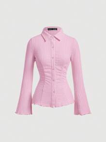 SHEIN MOD Solid Color Texture Design Buttoned T-Shirt With Waist Cinching - Pink - View 1