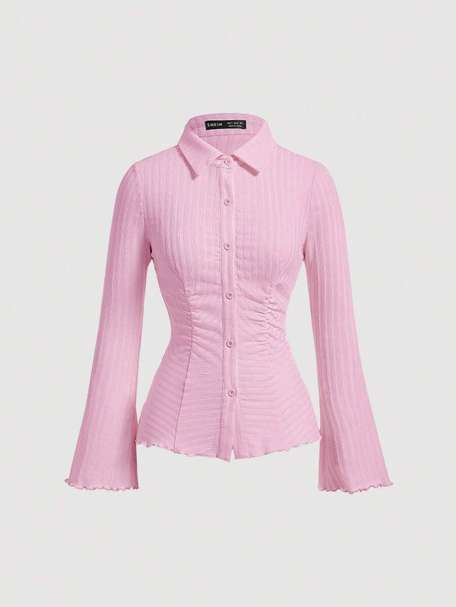 SHEIN MOD Solid Color Texture Design Buttoned T-Shirt With Waist Cinching - Pink - View 1