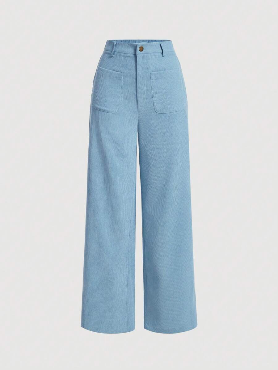 SHEIN MOD Women's Casual Solid Color Straight Corduroy Pants, Back To School Clothes, Work, Brunch, School Clothes, Teacher Pants, 70s Outfit, Dress Pants, Western Pants - Baby Blue - View 1