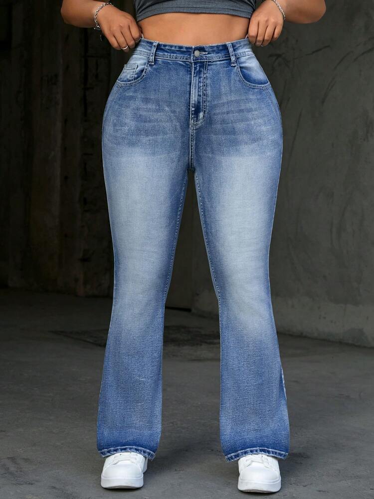 Plus Size Blue Printed Elastic Denim Bell-Bottoms For Beach Vacation And Casual Wear
