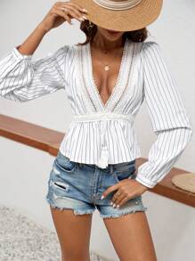 SHEIN VCAY Women's Striped Lace Trimmed Waistline Blouse - Blue and White - View 1