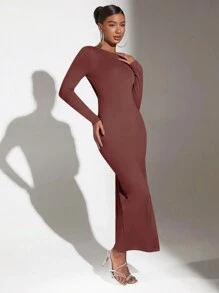 SHEIN BAE Vestido De Manga Larga Con Cuello Redondo Y Abertura En Color Sólido - Color caoba - Ver 6