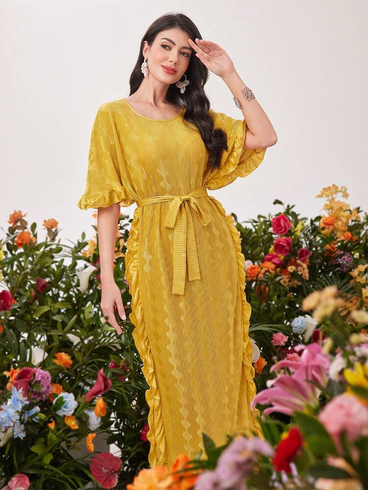 Women's Solid Color Textured Ruffle Hem Batwing Sleeve Dress Long Evening Dresses