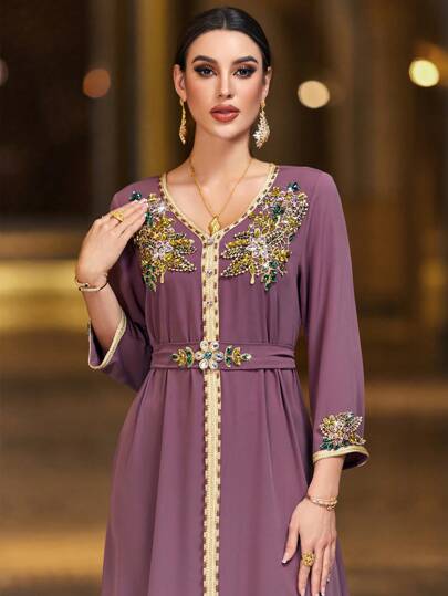 Al Najma Women's Evening Patchwork Ribbon Decorated And Beaded Kaftan Dress
