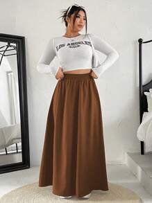 SHEIN EZwear Plus Size Elastic Waist Super A-Line Skirt - Brown - View 5