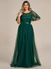 EVERPRETTY Plus Leaf Sequin Bodice Mesh Prom Elegant Bridesmaid Dress