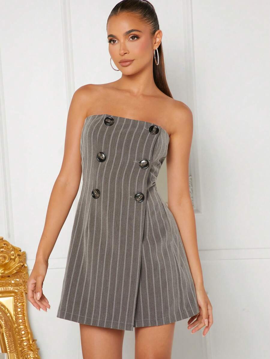 Hauture Stripped Double Breasted Tube Dress - Dark Grey - View 1
