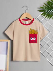 SHEIN Young Boys' Casual French Fries Print T-Shirt - Khaki - View 1
