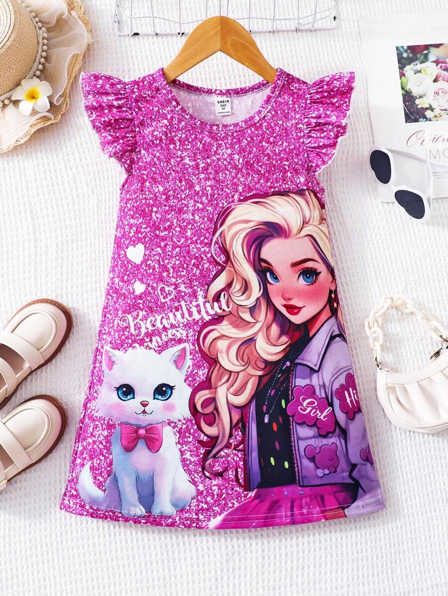 SHEIN Summer,Holiday,Traveler Young Girl Cartoon Printed Cap Sleeve Dress - Multicolor - View 1