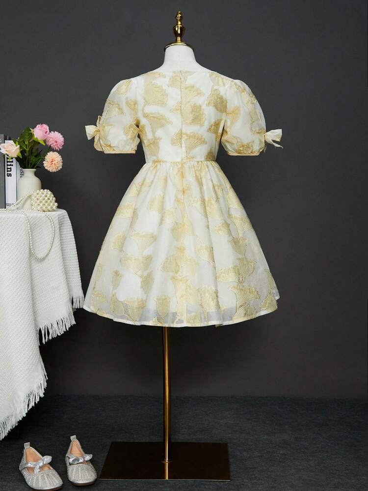 Eid Al-Adha Tween Girls Princess Style Short Dress With Bow, Jacquard, Floral, Puff Sleeves And Bubble Hem, Spring & Summer