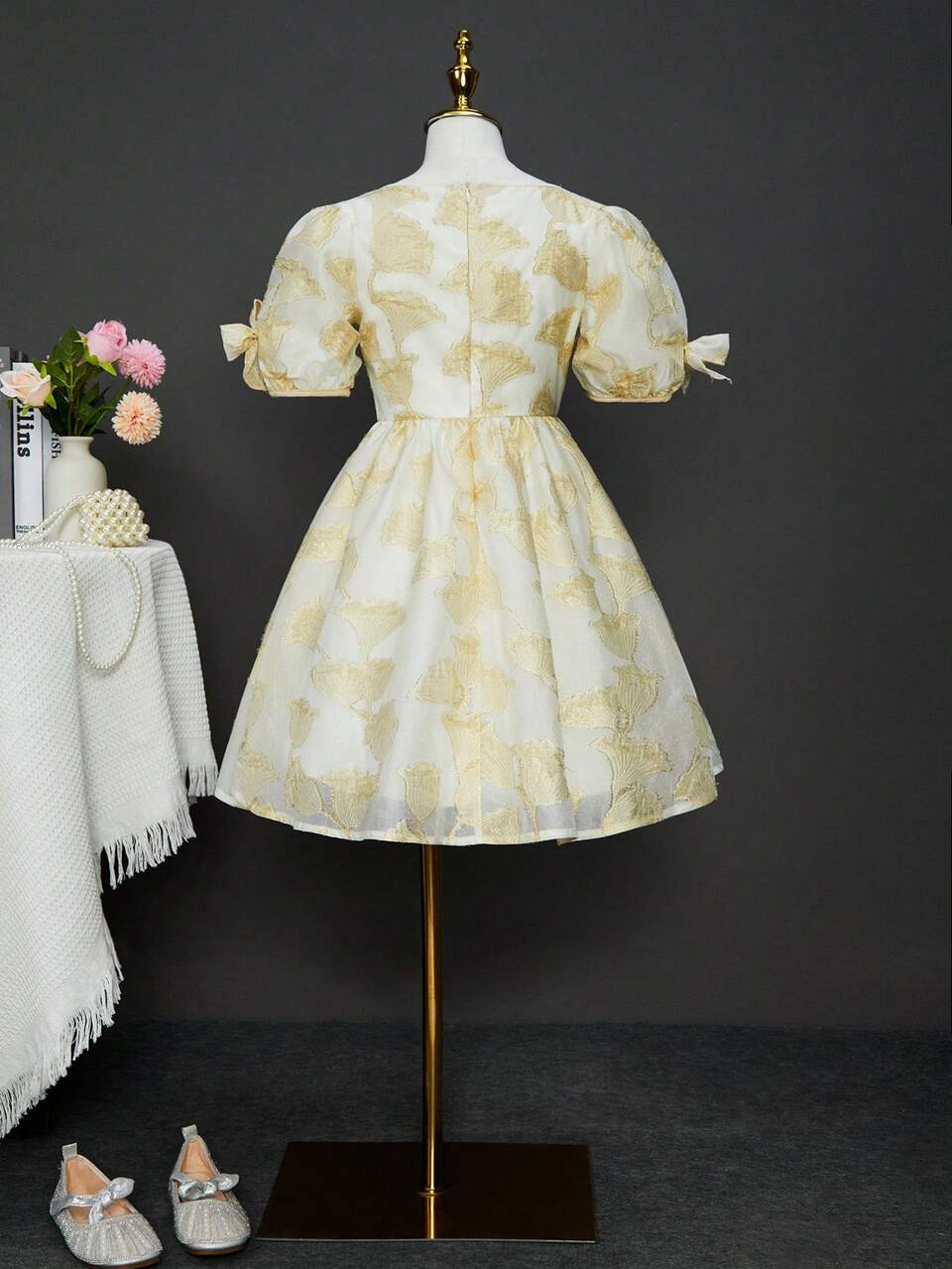 Eid Al-Adha Tween Girls Princess Style Short Dress With Bow, Jacquard, Floral, Puff Sleeves And Bubble Hem, Spring & Summer