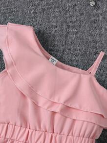 SHEIN 年轻女孩不对称肩部和腰带设计连身裤 - 粉色 - 查看 3