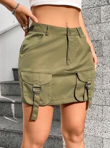 SHEIN Unity Của phụ nữ Màu thuần Váy chở hàng - xanh quân đội - Xem 4