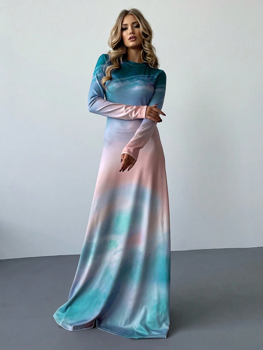 SHEIN Privé Của phụ nữ Bóng Tay áo dài Đầm - Màu xanh lam - Xem 1