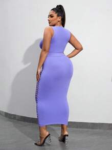 SHEIN SXY Ropa De Primavera Y Verano Sexy De Talla Grande Sin Costuras. Conjunto Tanque Recortado Con Detalles Recortados Y Falda De Cintura Alta