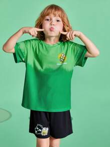 HELLO KITTY AND FRIENDS | SHEIN Camiseta De Manga Corta De Verano Y Primavera Para Niños Con Dibujo De Rana Verde En Degradado Y Letras - Verde - Ver 8