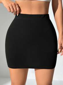 SHEIN PETITE Women's Solid Color Bodycon Skirt - Black - View 6