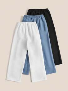 SHEIN Leap Crew 3 cái/bộ Cô gái Tween Phong cách đường phố Đan Màu thuần Thẳng quần ống rộng Quần thể thao - Màu xanh nhạt - Xem 2