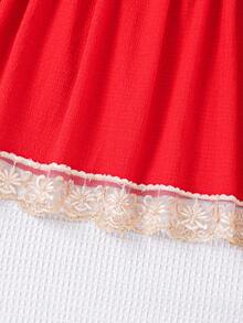 SHEIN Young Girls' Cold-Shoulder Red Dress With Ruffled Hemline - Red - View 6