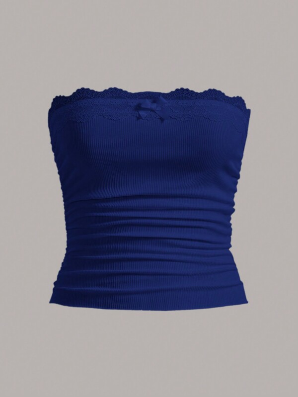 SHEIN EZwear Plus Size Strapless Top With Lace Trimming And Bow Decoration