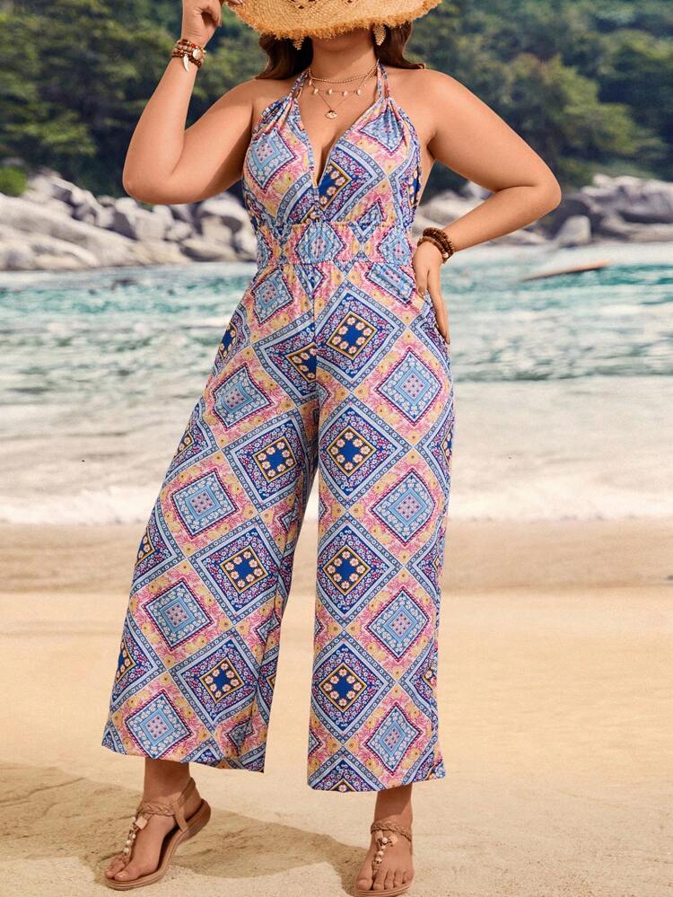 Plus Size Floral Print Color Block Halter Neck Backless Jumpsuit
