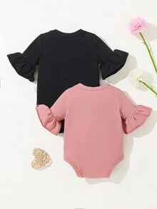 SHEIN Bé gái sơ sinh Dệt kim Mềm mại Ruffle Tay áo dài Áo liền quần chặt Hai chiếc Bộ - Nhiều màu - Xem 2