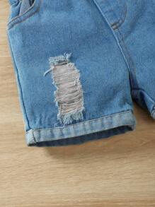 SHEIN Vintaside Kids Baby Girl's Letter Print Cap Sleeve Top With Ribbed Denim Shorts 2pcs Outfit Set