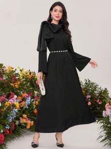 Al Najma Vestido De Estilo Árabe Con Mangas De Volantes Y Cuello Decorado Con Lazo - Negro - Ver 6