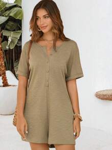 SHEIN VCAY 釦扣式半開襟度假風連身褲,春夏服裝 - 軍綠色 - 查看 1