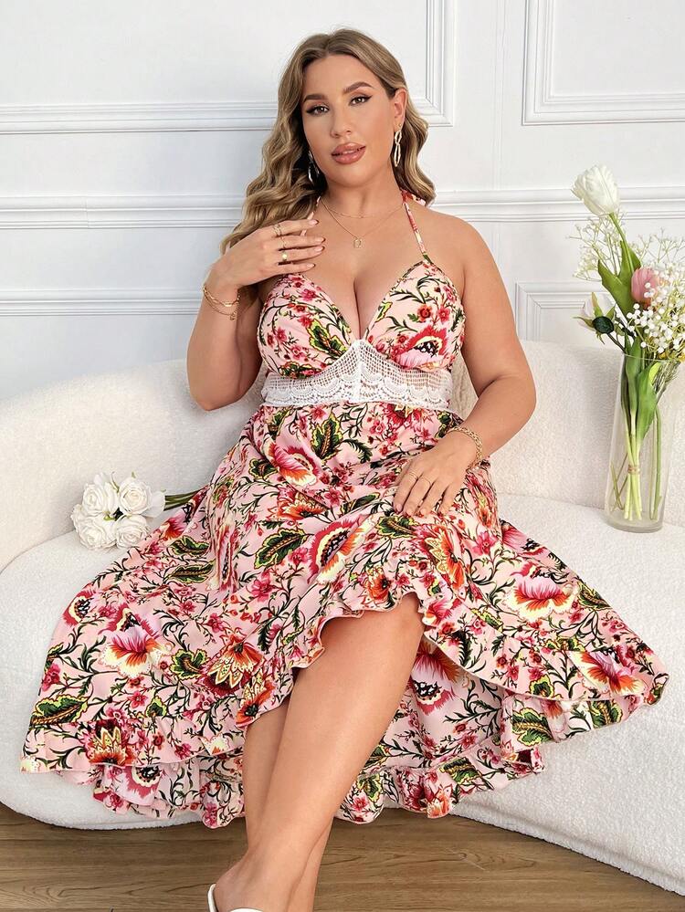 Plus Size Floral Print Lace Insert Open Back Halter Neck Dress