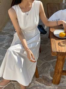 DAZY Women's Solid Color Round-Neck Sleeveless Dress Sundress - White - View 7